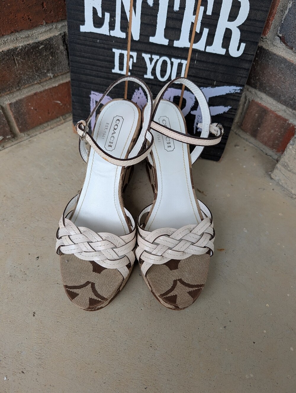 🍁 Vintage Y2K Coach Rose Genuine Leather Signature Canvas Braided Wedge Sandals - Picture 5 of 15